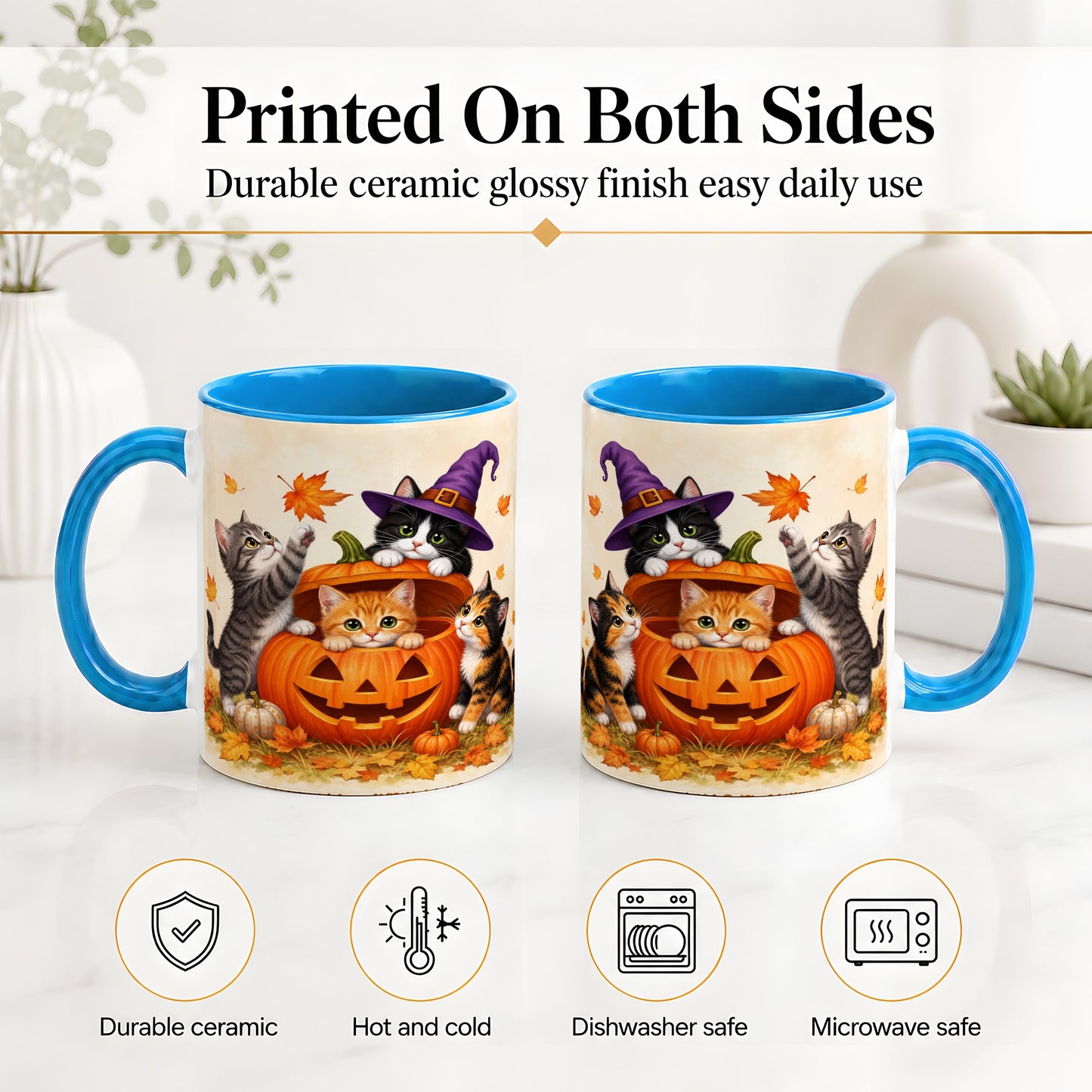 #pl[11oz|Blue] Halloween Pumpkin Kittens Ceramic Mug, Cat Art for Cat Lovers