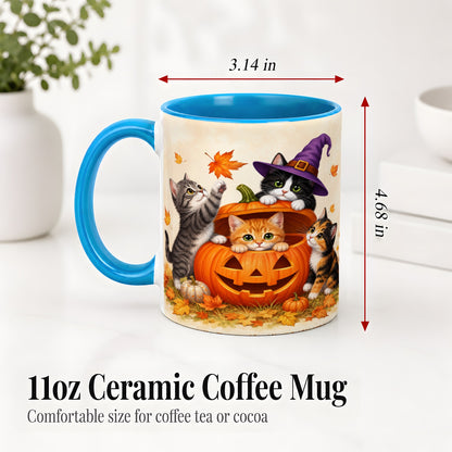#pl[11oz|Blue] Halloween Pumpkin Kittens Ceramic Mug, Cat Art for Cat Lovers