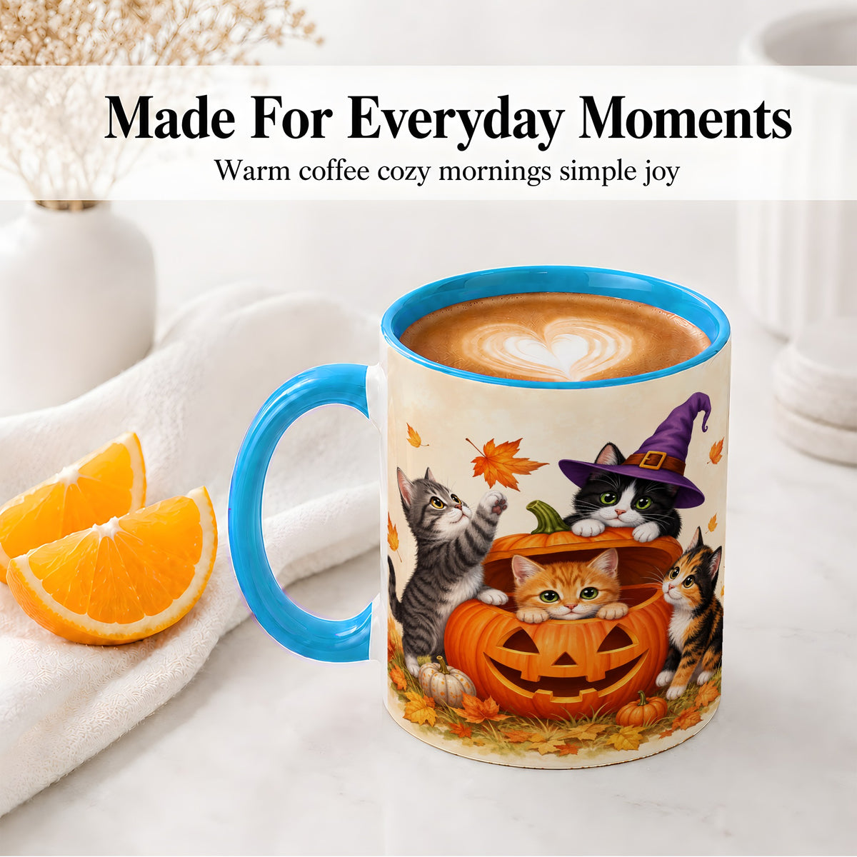 #pl[11oz|Blue] Halloween Pumpkin Kittens Ceramic Mug, Cat Art for Cat Lovers