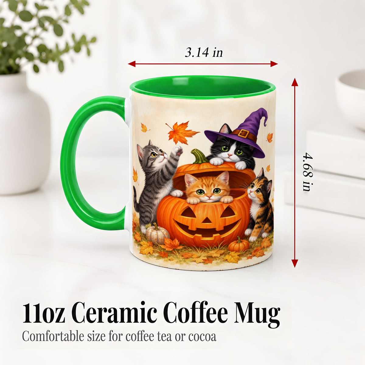 #pl[11oz|Green] Halloween Pumpkin Kittens Ceramic Mug, Cat Art for Cat Lovers