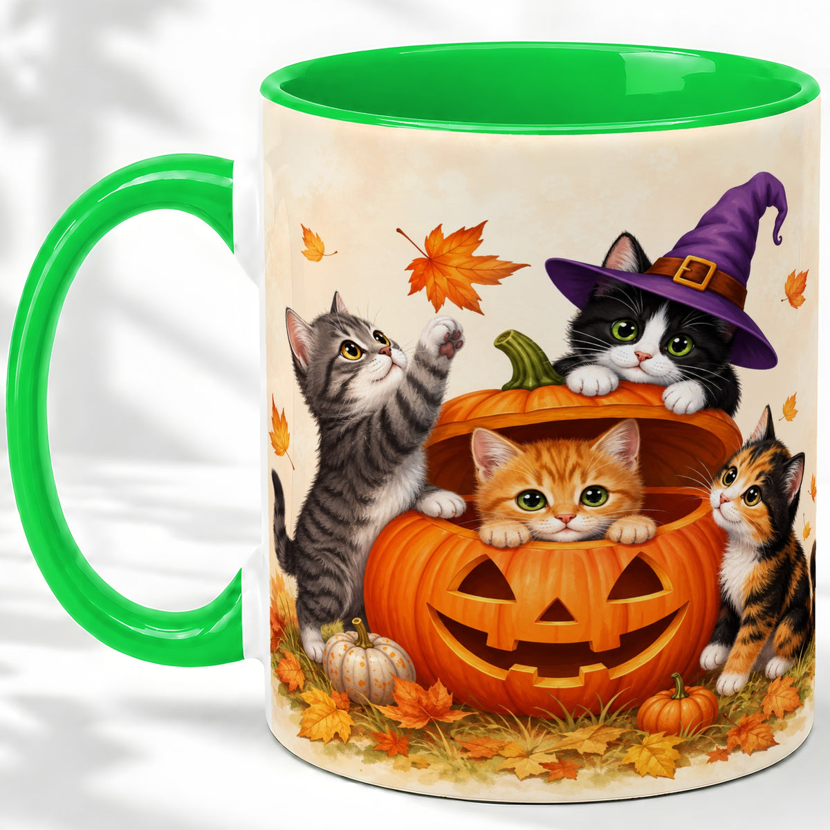 #pl[11oz|Green] Halloween Pumpkin Kittens Ceramic Mug, Cat Art for Cat Lovers