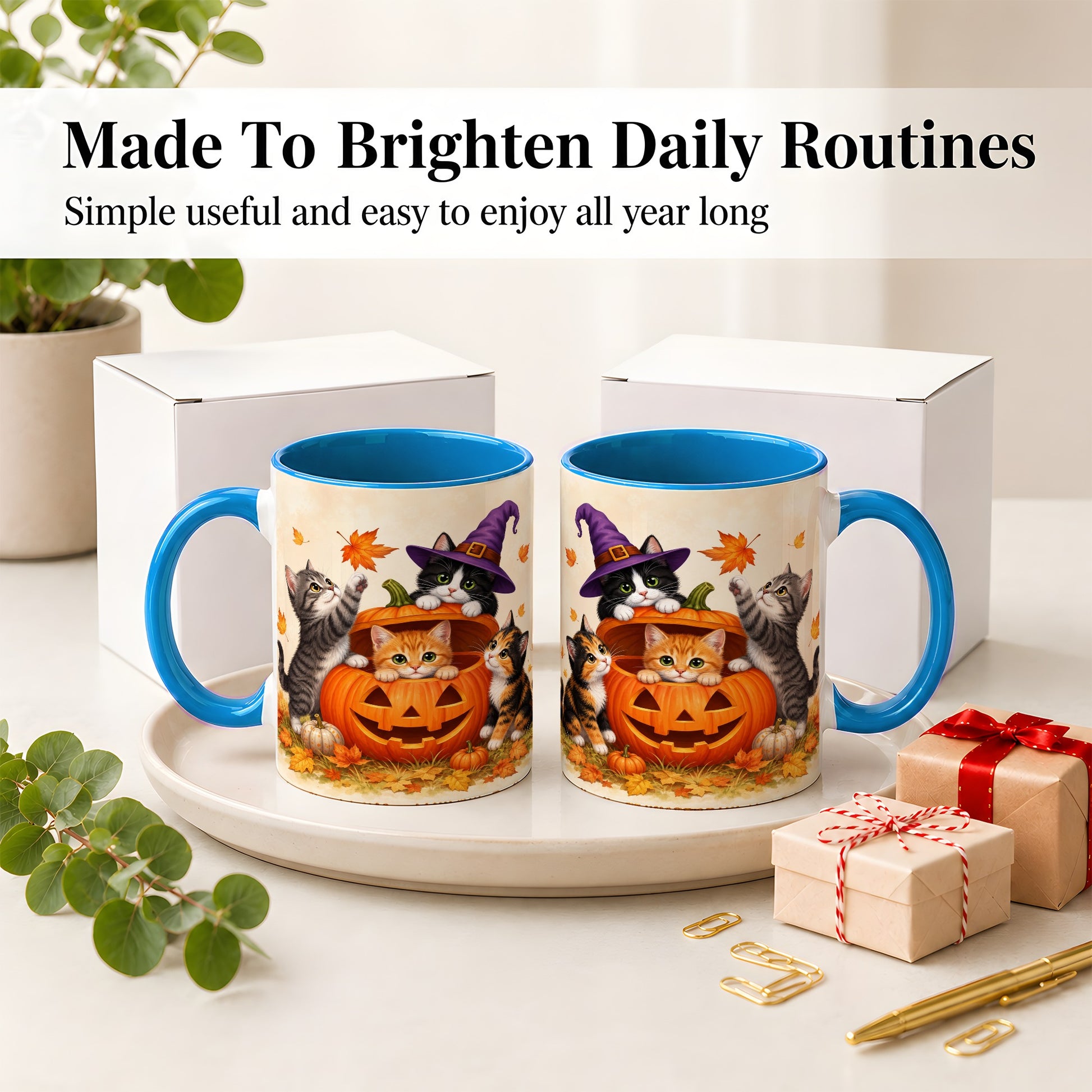 #pl[11oz|Blue] Halloween Pumpkin Kittens Ceramic Mug, Cat Art for Cat Lovers