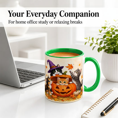 #pl[11oz|Green] Halloween Pumpkin Kittens Ceramic Mug, Cat Art for Cat Lovers
