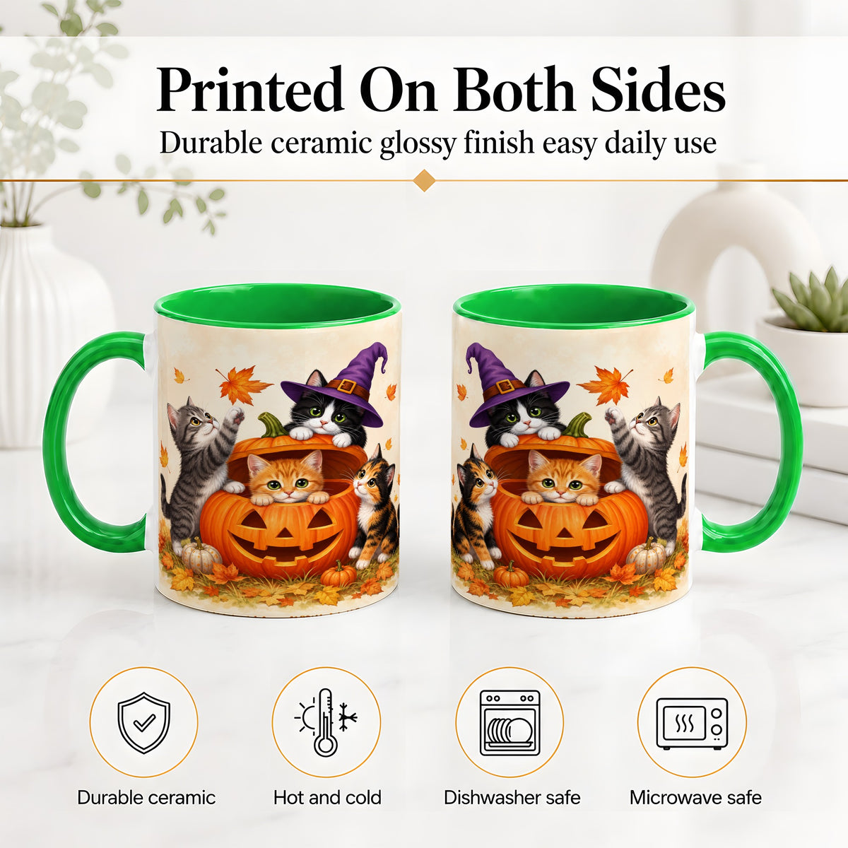 #pl[11oz|Green] Halloween Pumpkin Kittens Ceramic Mug, Cat Art for Cat Lovers