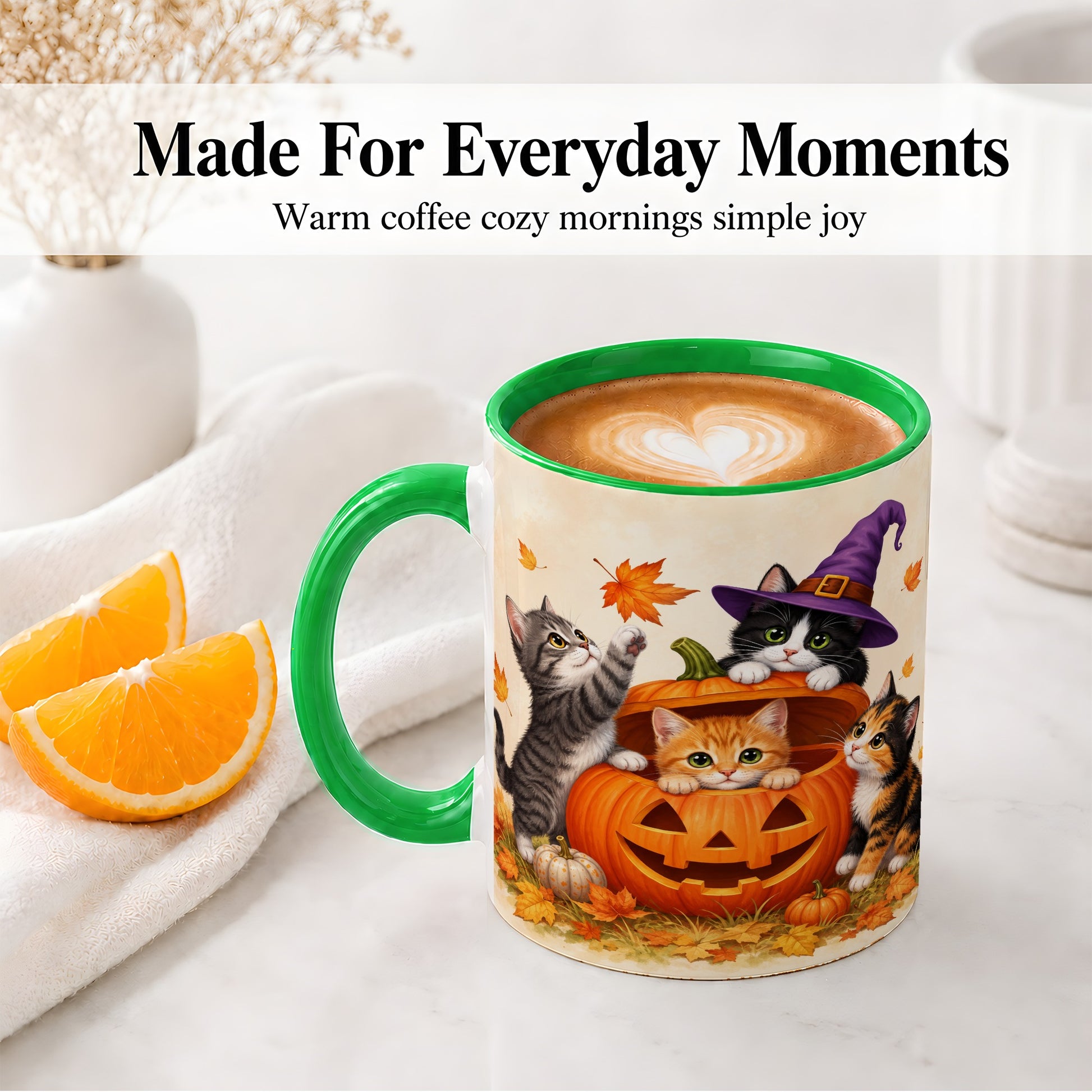 #pl[11oz|Green] Halloween Pumpkin Kittens Ceramic Mug, Cat Art for Cat Lovers