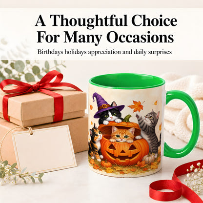 #pl[11oz|Green] Halloween Pumpkin Kittens Ceramic Mug, Cat Art for Cat Lovers