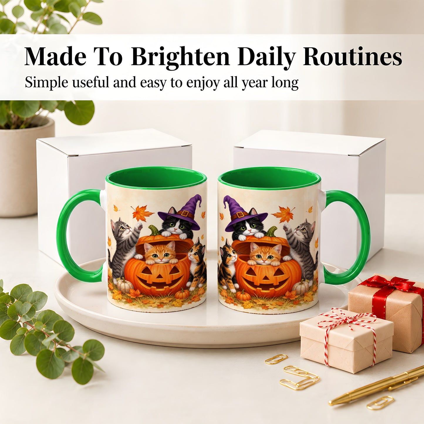 #pl[11oz|Green] Halloween Pumpkin Kittens Ceramic Mug, Cat Art for Cat Lovers