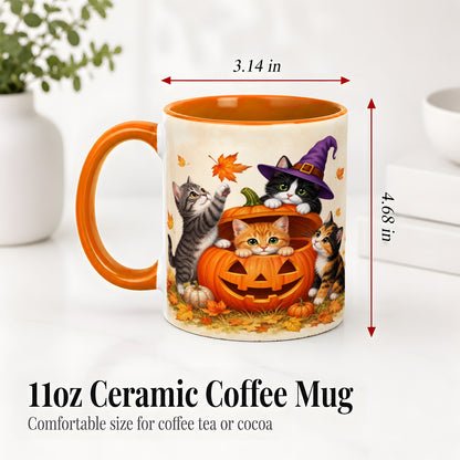 #pl[11oz|Orange] Halloween Pumpkin Kittens Ceramic Mug, Cat Art for Cat Lovers
