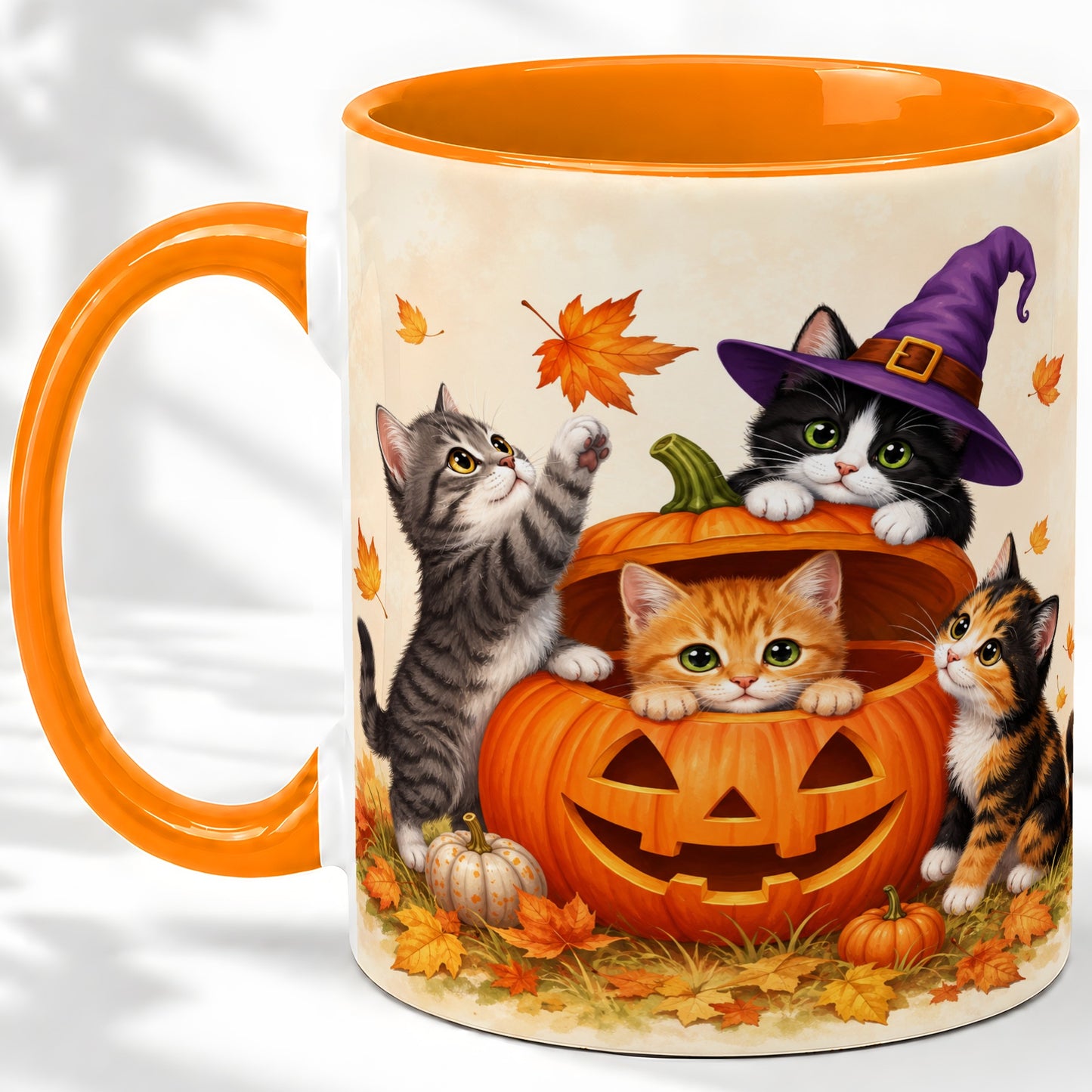 #pl[11oz|Orange] Halloween Pumpkin Kittens Ceramic Mug, Cat Art for Cat Lovers
