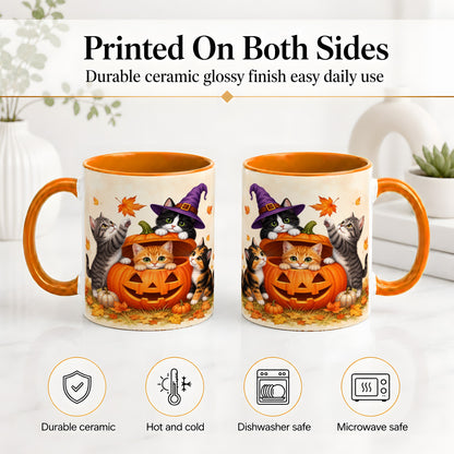 #pl[11oz|Orange] Halloween Pumpkin Kittens Ceramic Mug, Cat Art for Cat Lovers