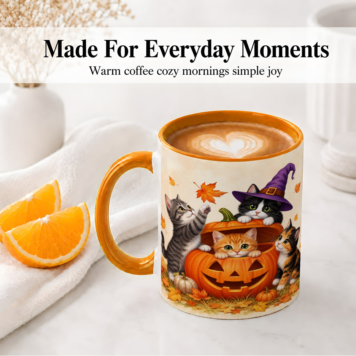 #pl[11oz|Orange] Halloween Pumpkin Kittens Ceramic Mug, Cat Art for Cat Lovers