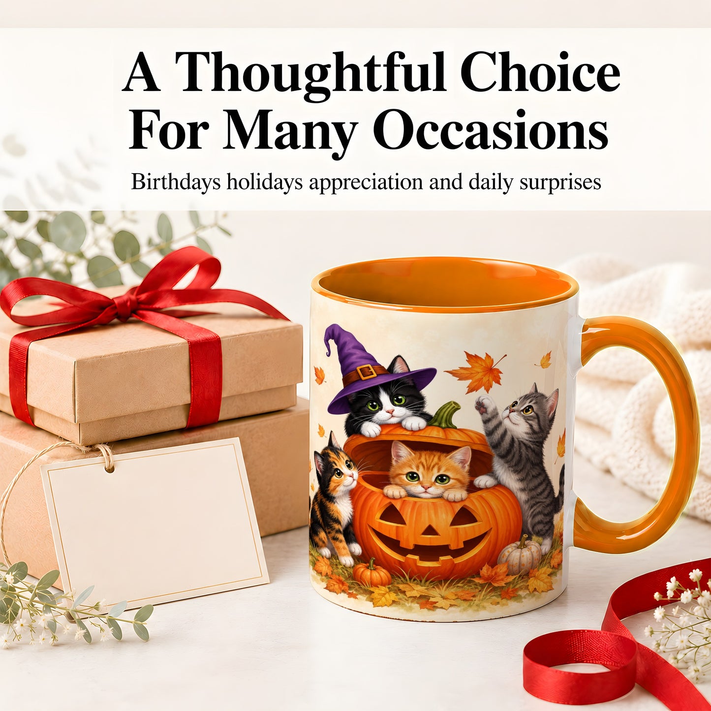 #pl[11oz|Orange] Halloween Pumpkin Kittens Ceramic Mug, Cat Art for Cat Lovers