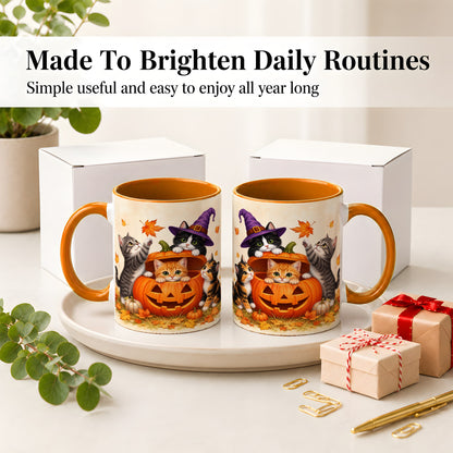 #pl[11oz|Orange] Halloween Pumpkin Kittens Ceramic Mug, Cat Art for Cat Lovers