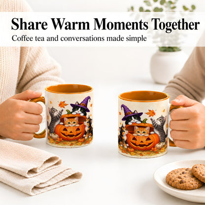 #pl[11oz|Orange] Halloween Pumpkin Kittens Ceramic Mug, Cat Art for Cat Lovers