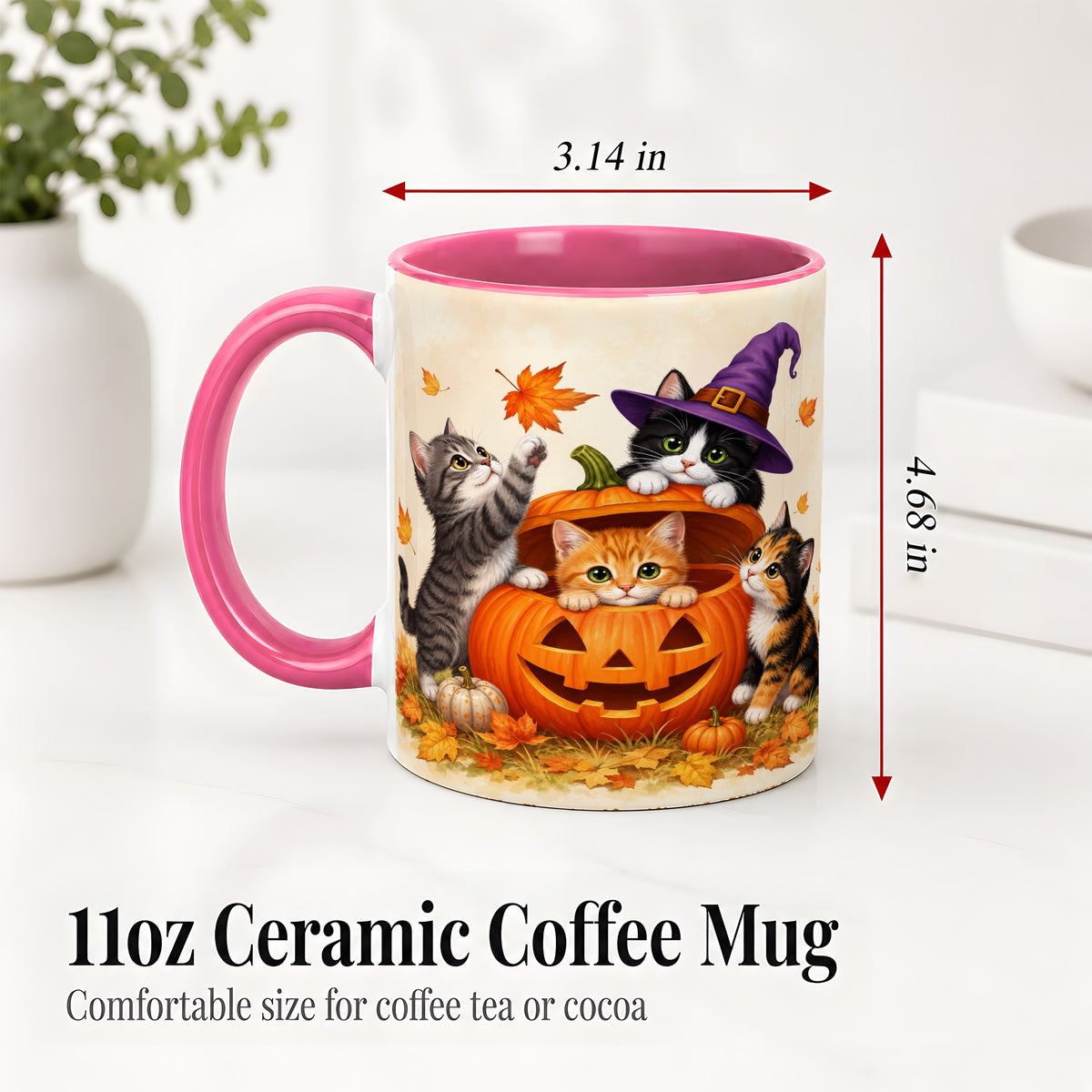 #pl[11oz|Pink] Halloween Pumpkin Kittens Ceramic Mug, Cat Art for Cat Lovers