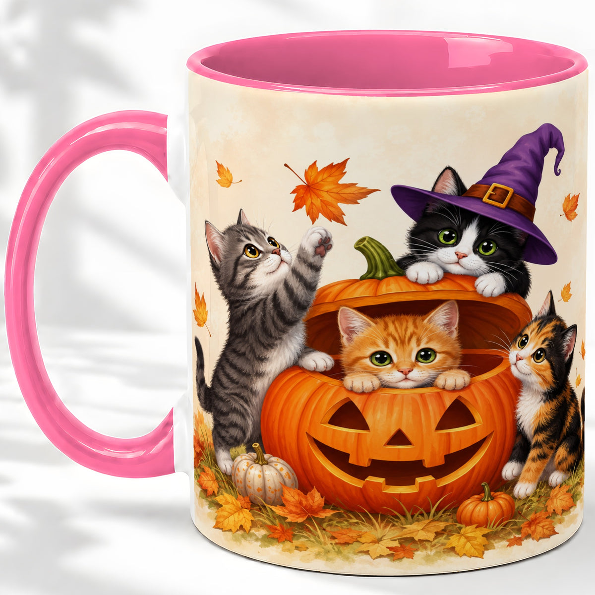 #pl[11oz|Pink] Halloween Pumpkin Kittens Ceramic Mug, Cat Art for Cat Lovers