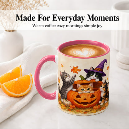 #pl[11oz|Pink] Halloween Pumpkin Kittens Ceramic Mug, Cat Art for Cat Lovers