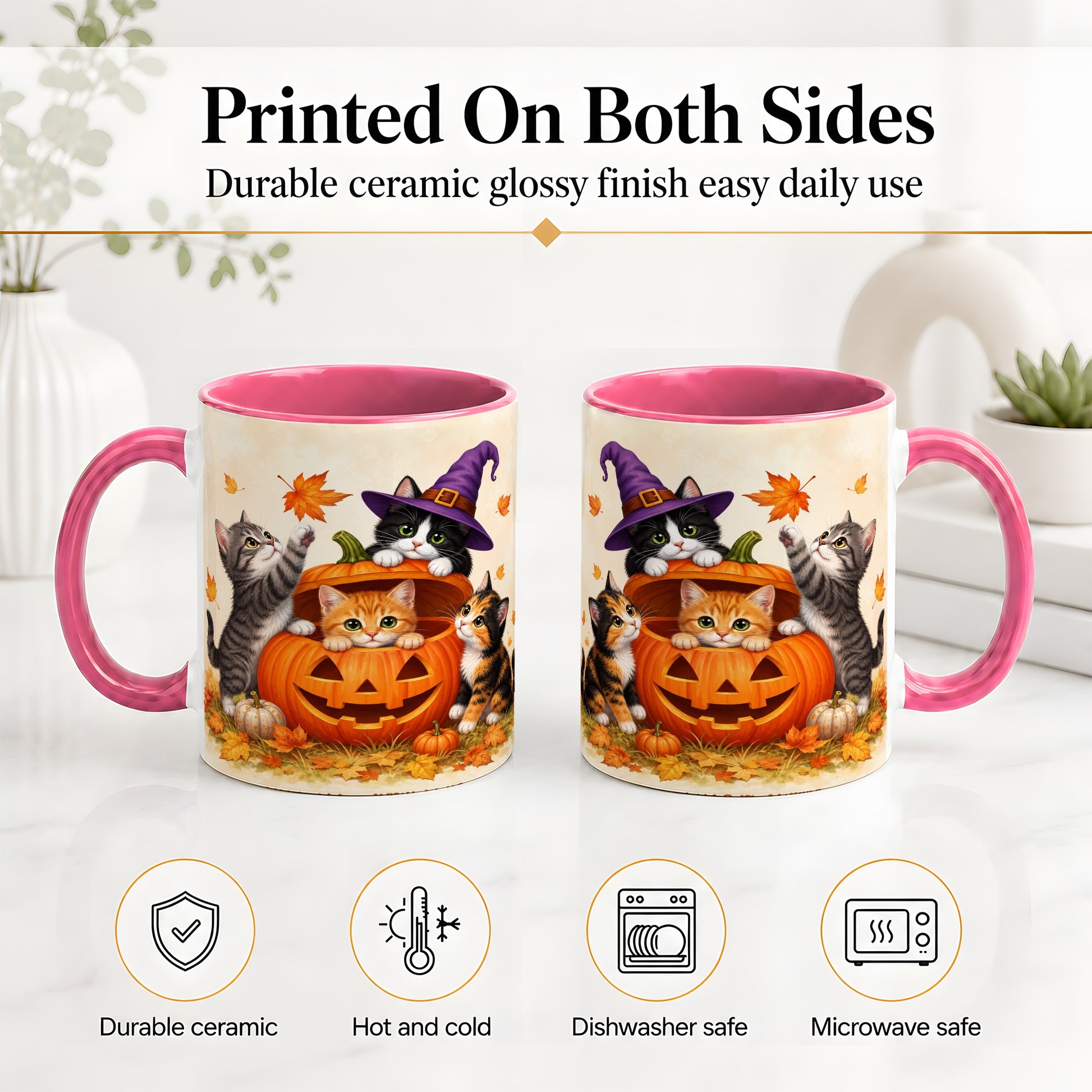 #pl[11oz|Pink] Halloween Pumpkin Kittens Ceramic Mug, Cat Art for Cat Lovers