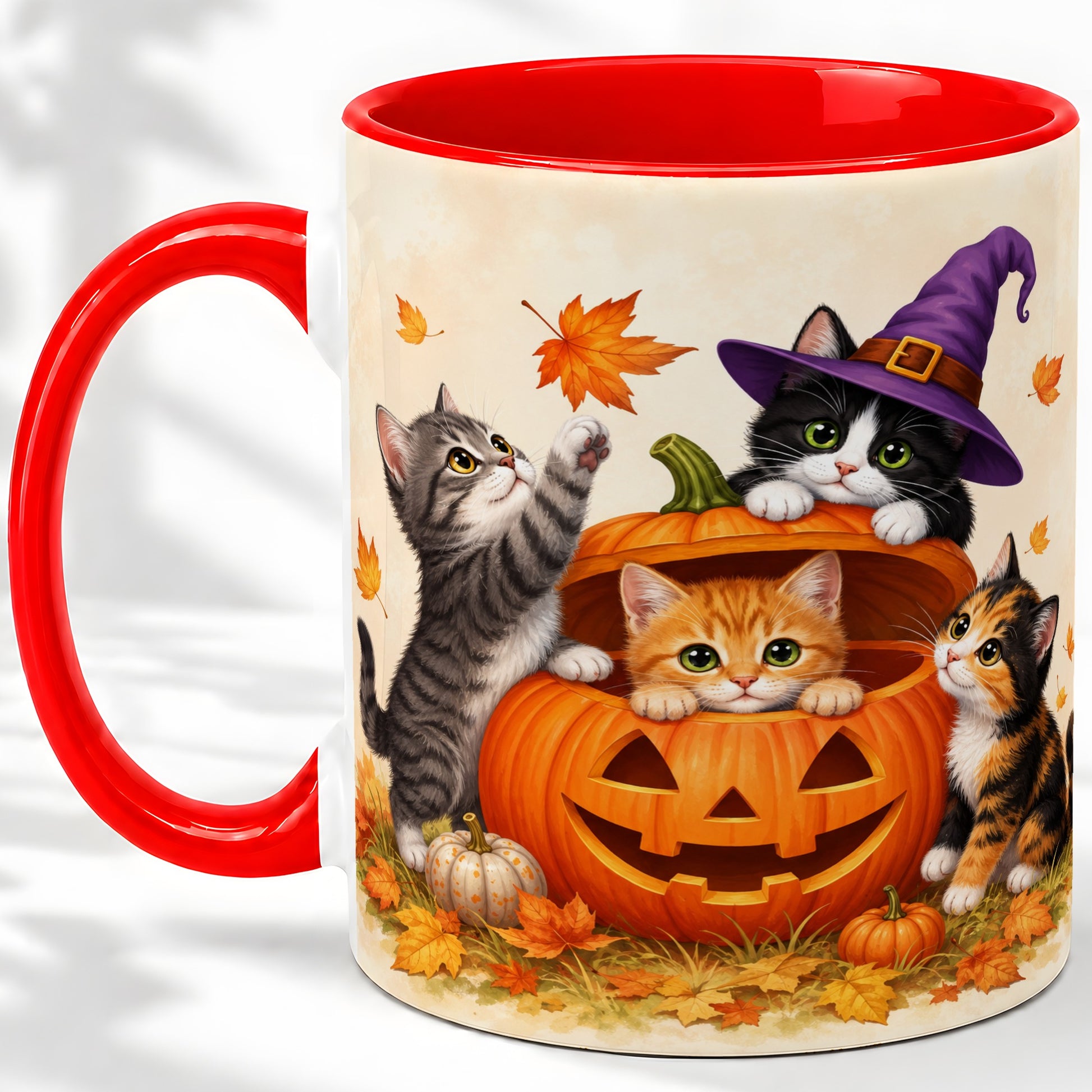 Halloween Pumpkin Kittens Ceramic Mug, Cat Art for Cat Lovers
