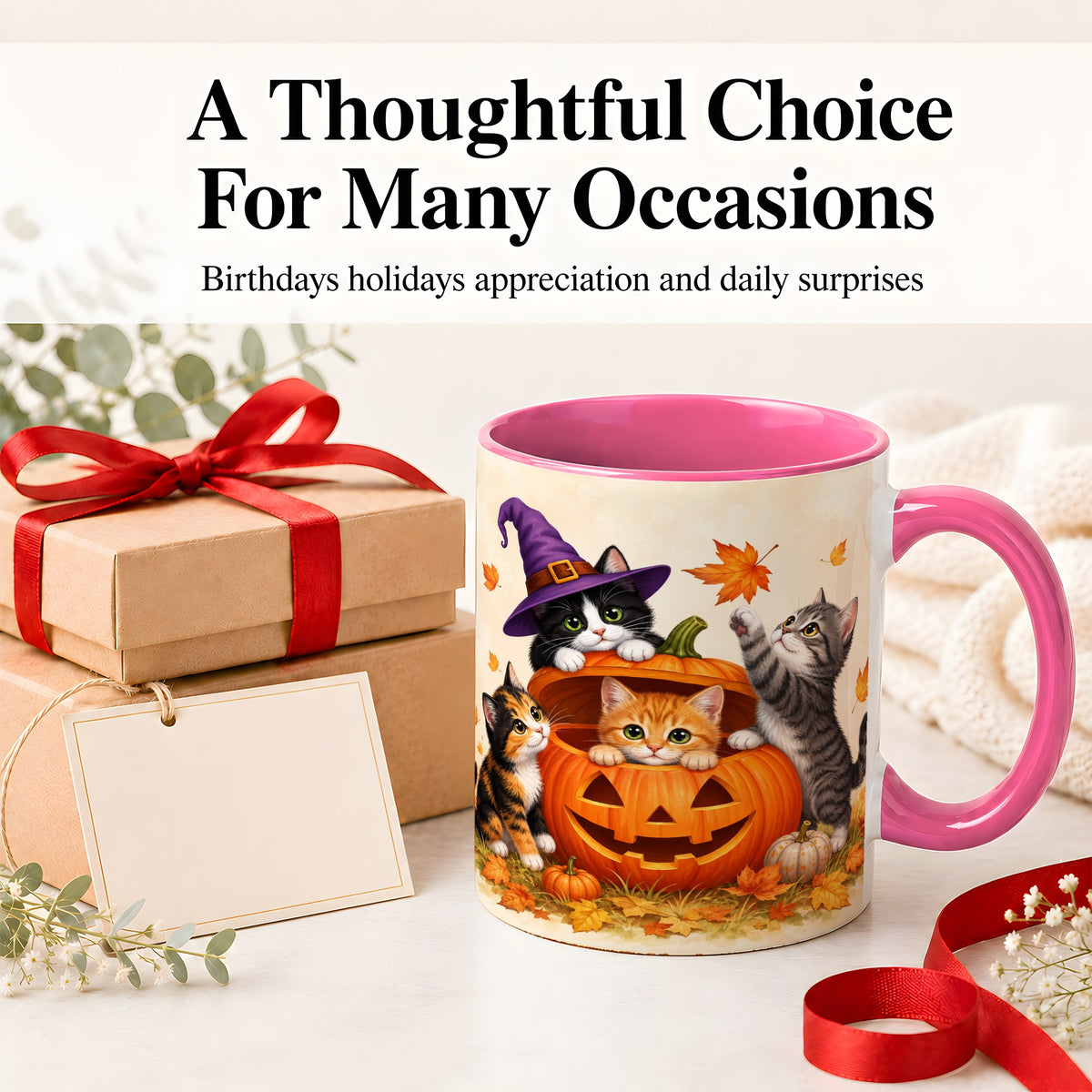 #pl[11oz|Pink] Halloween Pumpkin Kittens Ceramic Mug, Cat Art for Cat Lovers