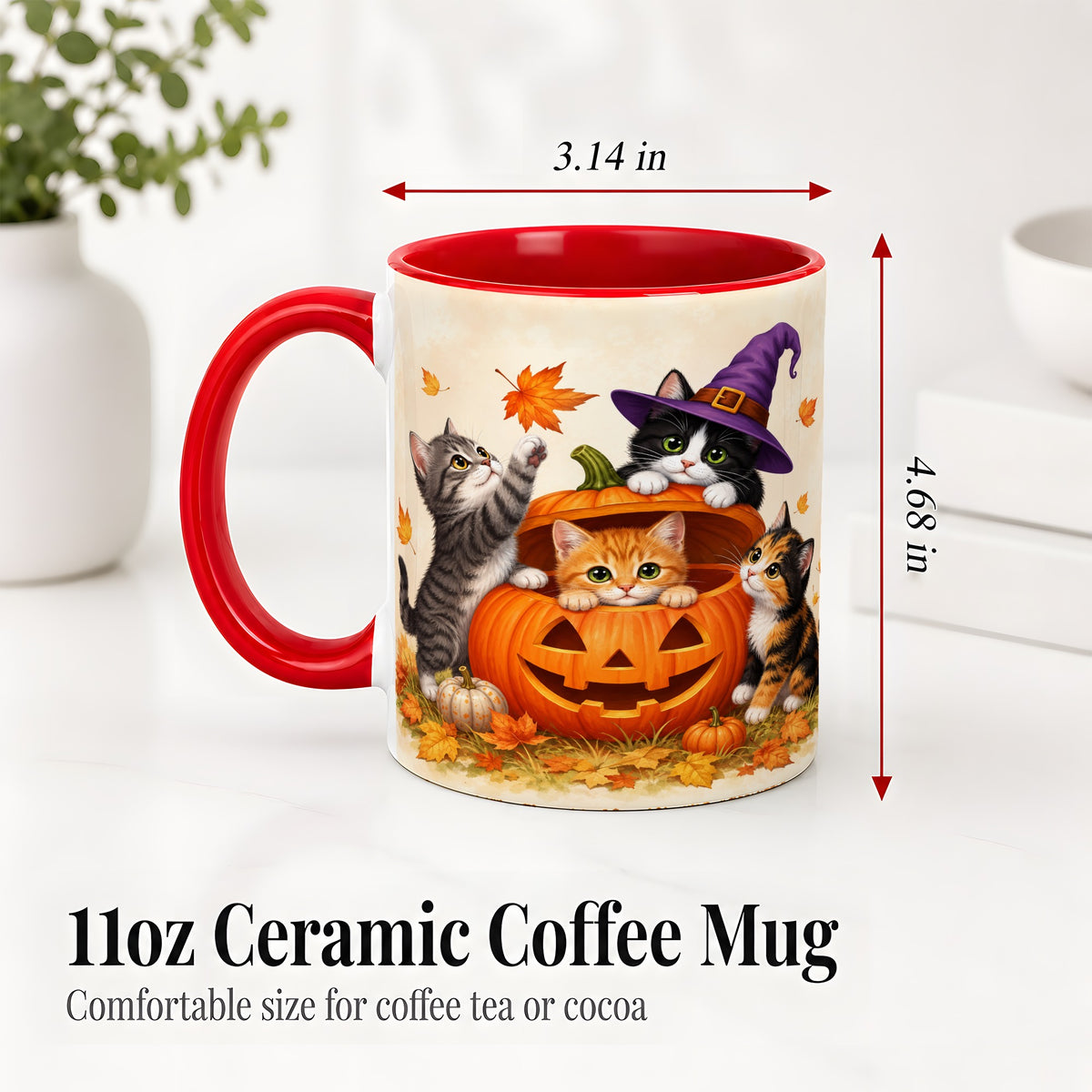 #pl[11oz|Red] Halloween Pumpkin Kittens Ceramic Mug, Cat Art for Cat Lovers