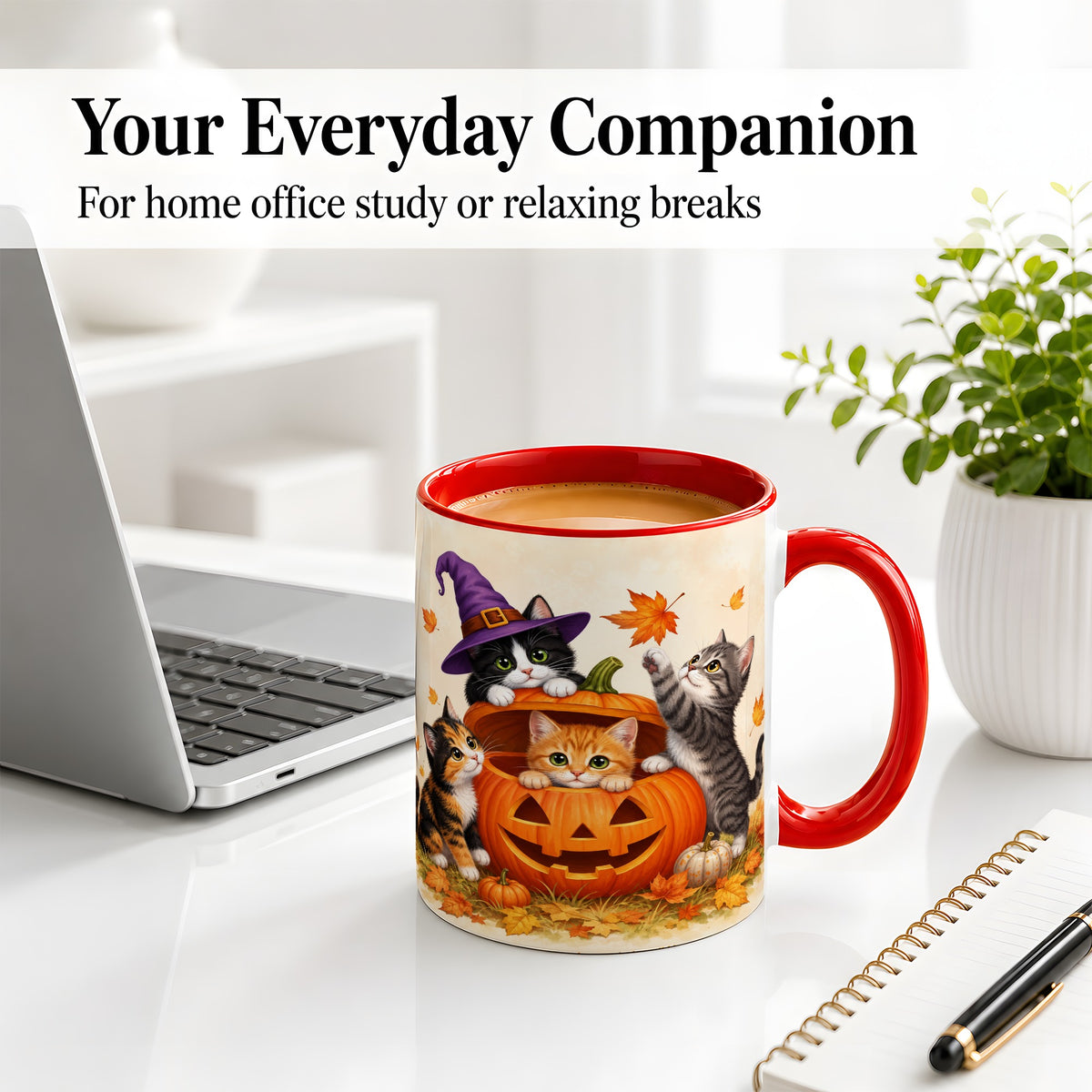 #pl[11oz|Red] Halloween Pumpkin Kittens Ceramic Mug, Cat Art for Cat Lovers