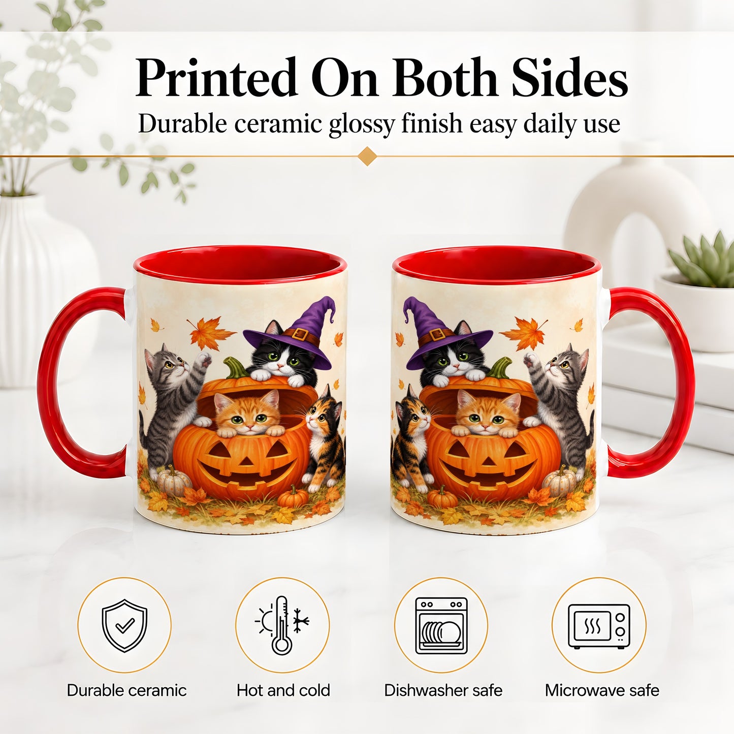 #pl[11oz|Red] Halloween Pumpkin Kittens Ceramic Mug, Cat Art for Cat Lovers
