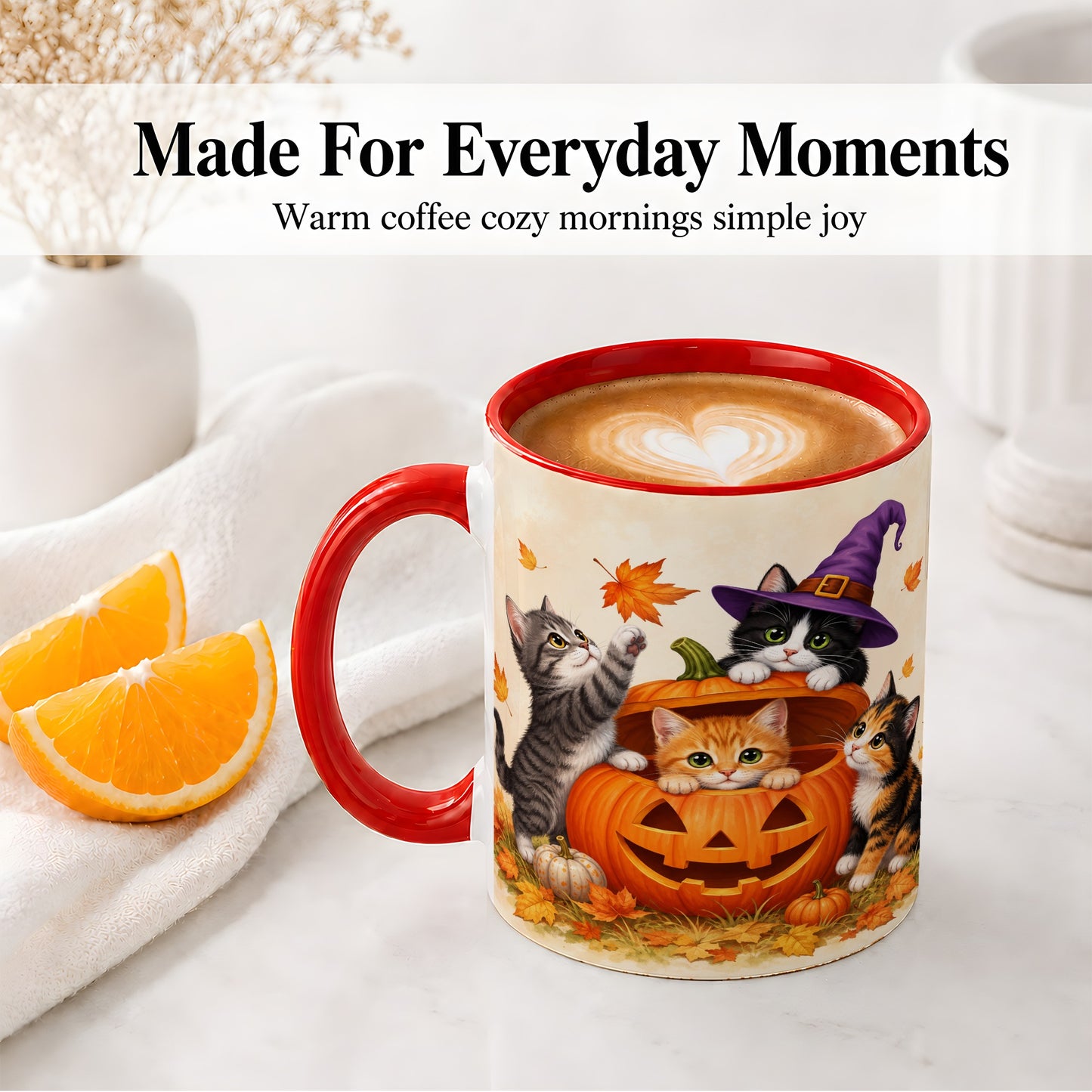 #pl[11oz|Red] Halloween Pumpkin Kittens Ceramic Mug, Cat Art for Cat Lovers