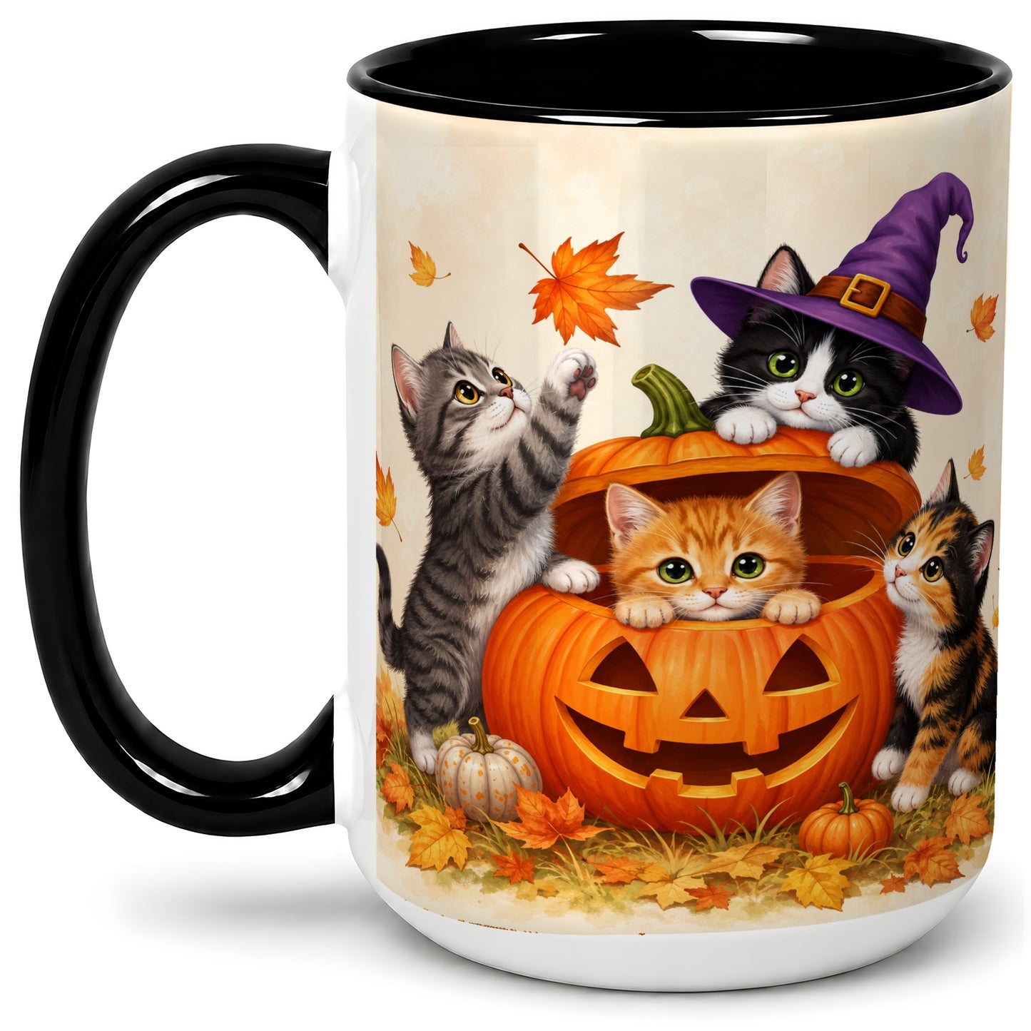 #pl[15oz|Black] Halloween Pumpkin Kittens Ceramic Mug, Cat Art for Cat Lovers
