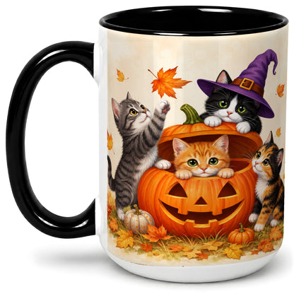 #pl[15oz|Black] Halloween Pumpkin Kittens Ceramic Mug, Cat Art for Cat Lovers