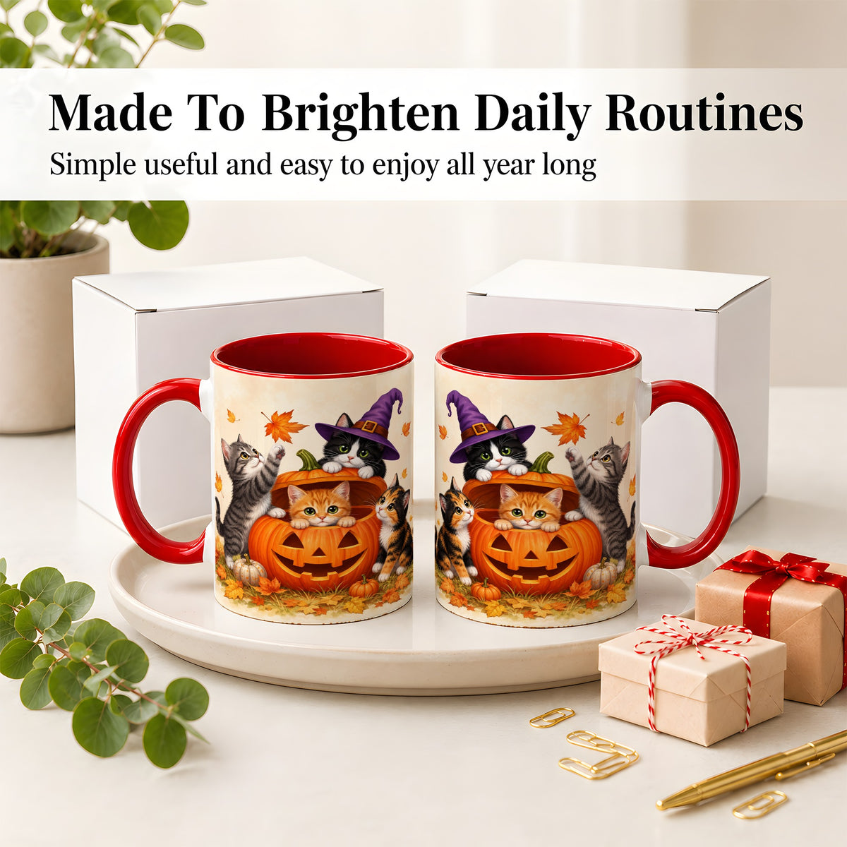 #pl[11oz|Red] Halloween Pumpkin Kittens Ceramic Mug, Cat Art for Cat Lovers