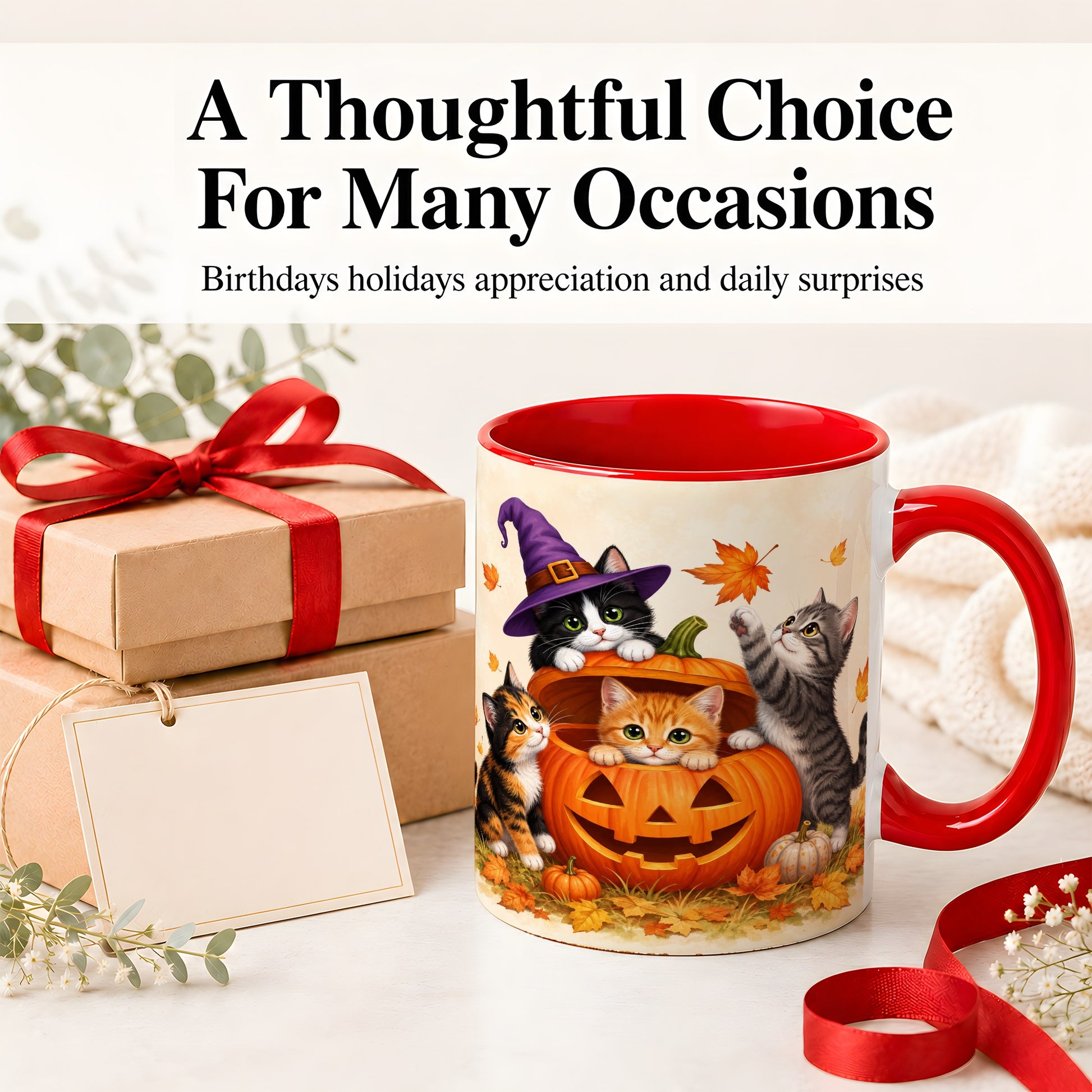 #pl[11oz|Red] Halloween Pumpkin Kittens Ceramic Mug, Cat Art for Cat Lovers