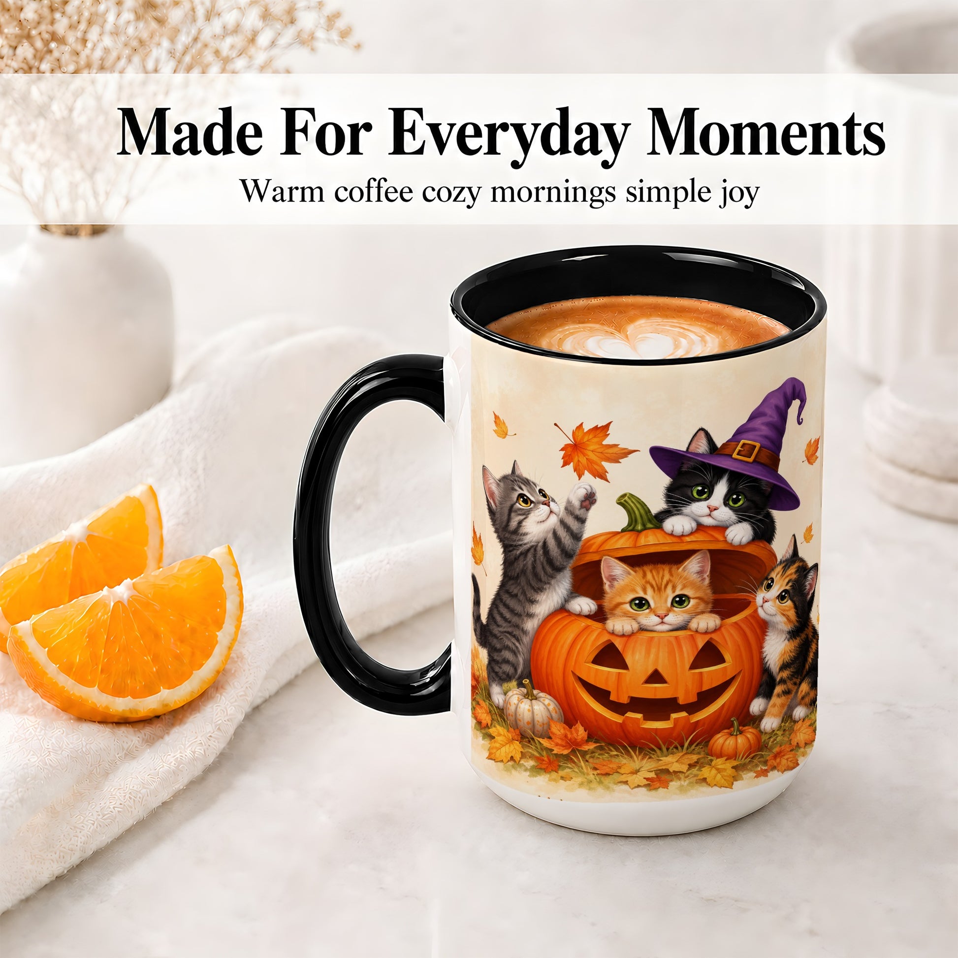#pl[15oz|Black] Halloween Pumpkin Kittens Ceramic Mug, Cat Art for Cat Lovers