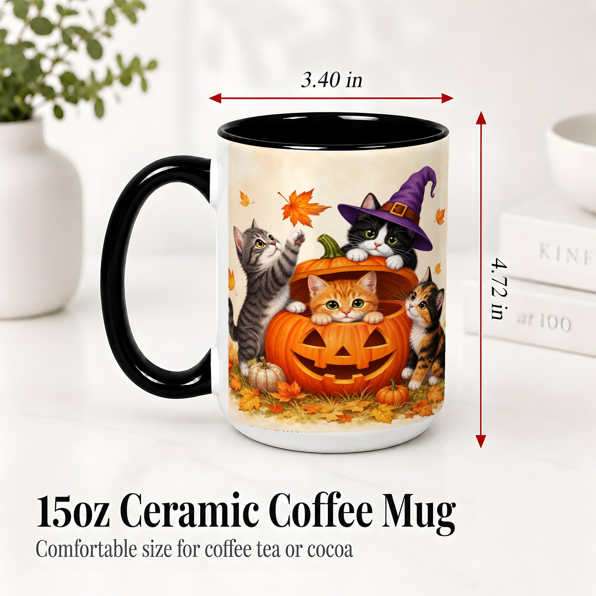 #pl[15oz|Black] Halloween Pumpkin Kittens Ceramic Mug, Cat Art for Cat Lovers