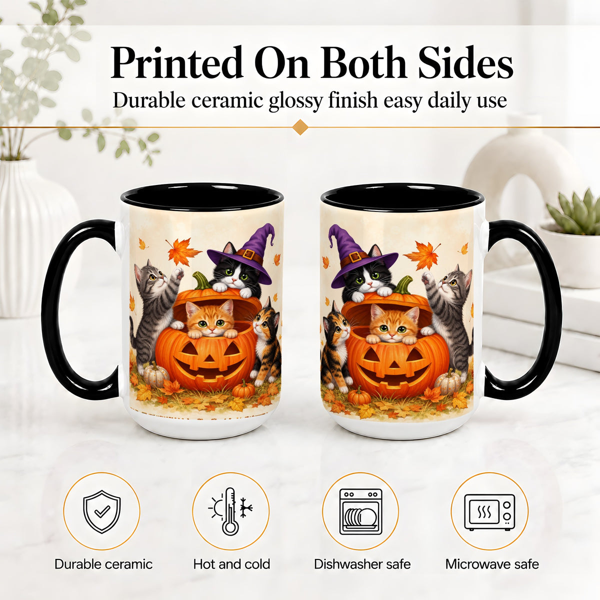 #pl[15oz|Black] Halloween Pumpkin Kittens Ceramic Mug, Cat Art for Cat Lovers