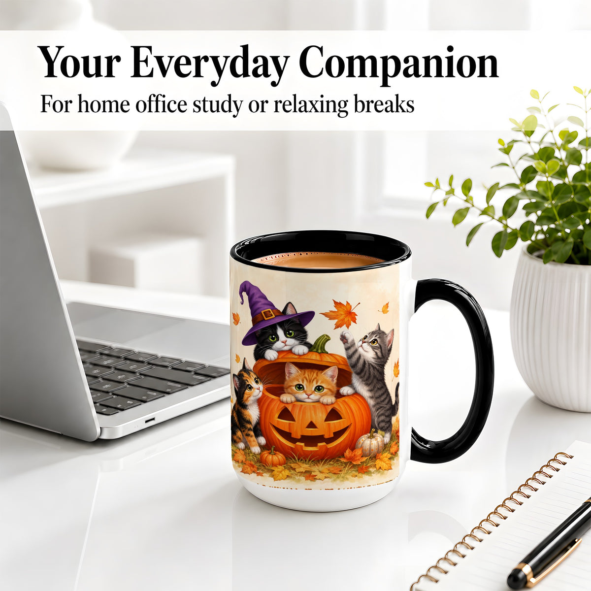 #pl[15oz|Black] Halloween Pumpkin Kittens Ceramic Mug, Cat Art for Cat Lovers