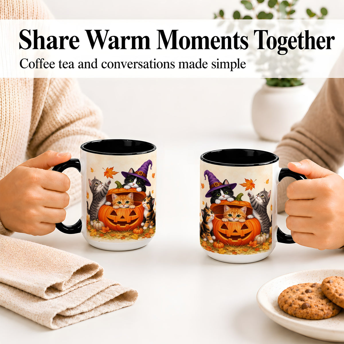 #pl[15oz|Black] Halloween Pumpkin Kittens Ceramic Mug, Cat Art for Cat Lovers