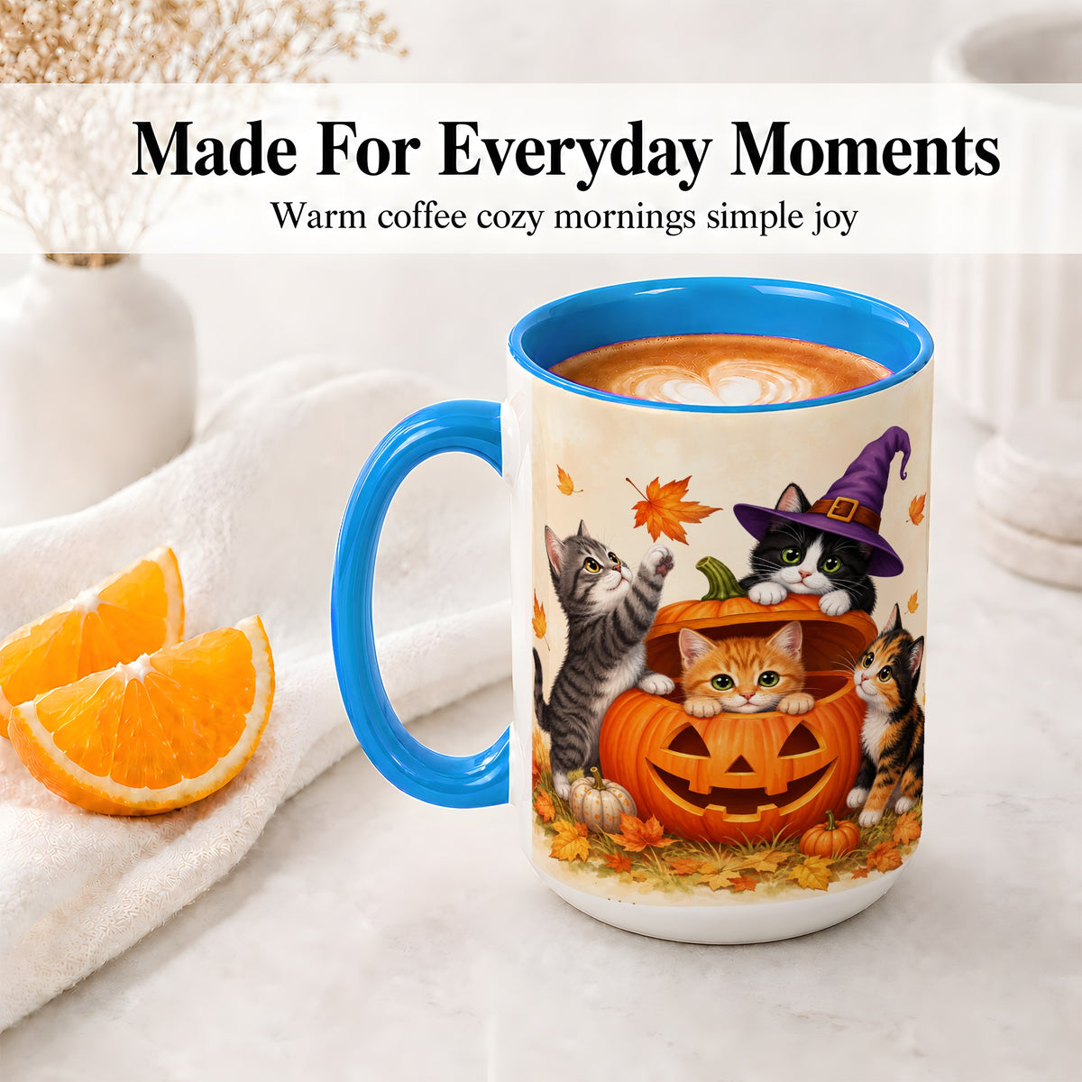 #pl[15oz|Blue] Halloween Pumpkin Kittens Ceramic Mug, Cat Art for Cat Lovers