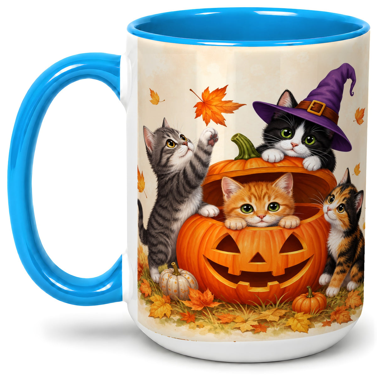 #pl[15oz|Blue] Halloween Pumpkin Kittens Ceramic Mug, Cat Art for Cat Lovers