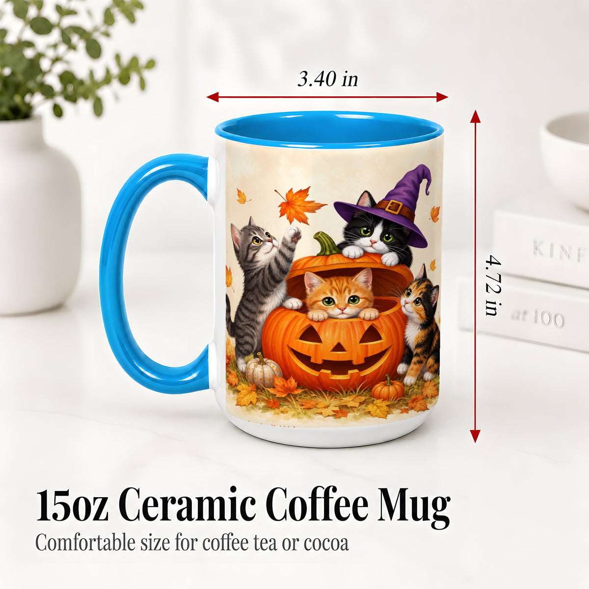 #pl[15oz|Blue] Halloween Pumpkin Kittens Ceramic Mug, Cat Art for Cat Lovers