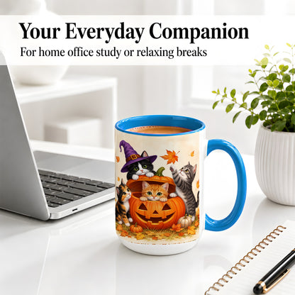 #pl[15oz|Blue] Halloween Pumpkin Kittens Ceramic Mug, Cat Art for Cat Lovers