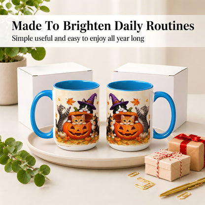 #pl[15oz|Blue] Halloween Pumpkin Kittens Ceramic Mug, Cat Art for Cat Lovers