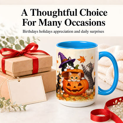 #pl[15oz|Blue] Halloween Pumpkin Kittens Ceramic Mug, Cat Art for Cat Lovers