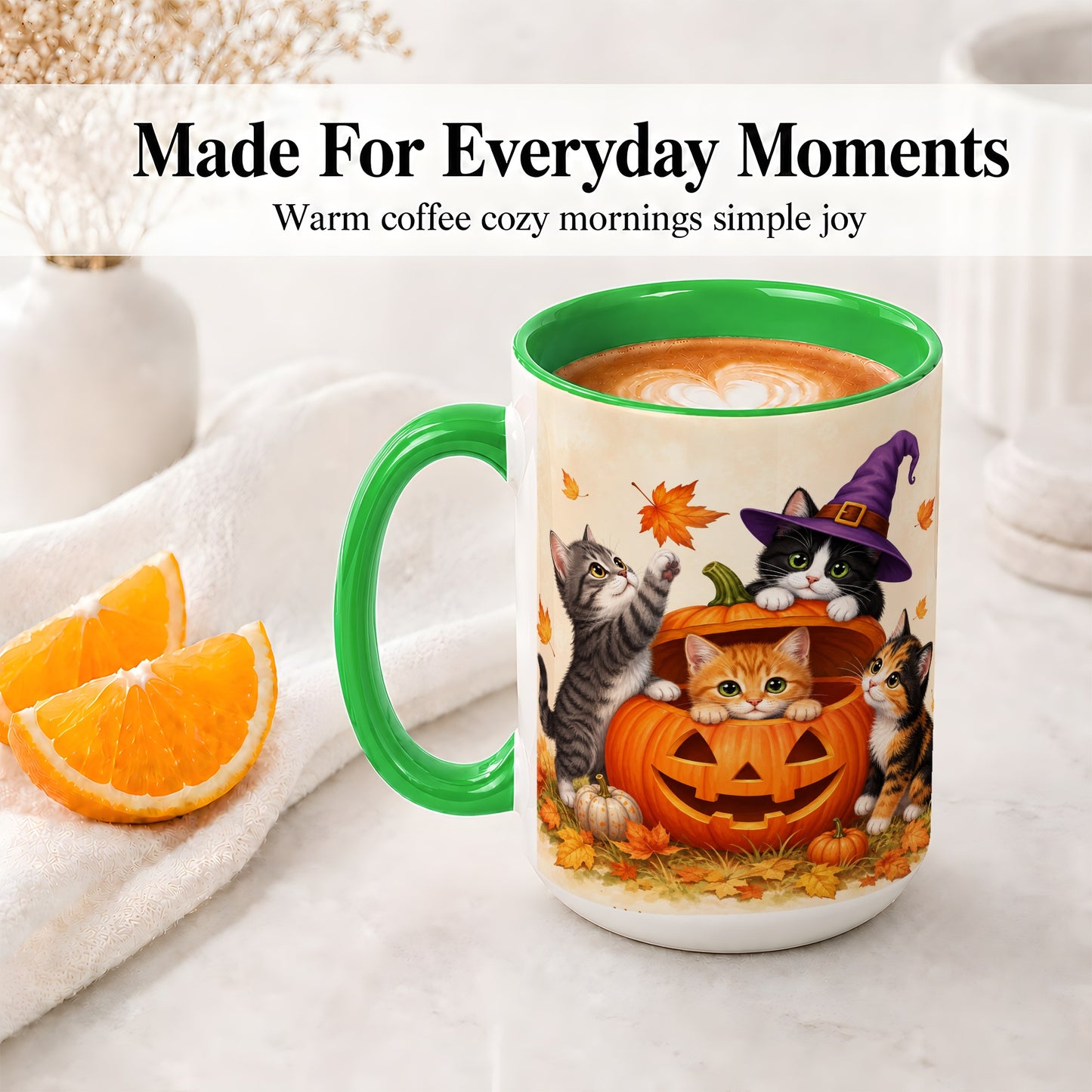 #pl[15oz|Green] Halloween Pumpkin Kittens Ceramic Mug, Cat Art for Cat Lovers