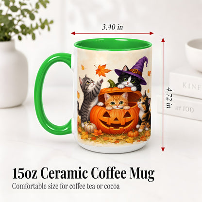 #pl[15oz|Green] Halloween Pumpkin Kittens Ceramic Mug, Cat Art for Cat Lovers
