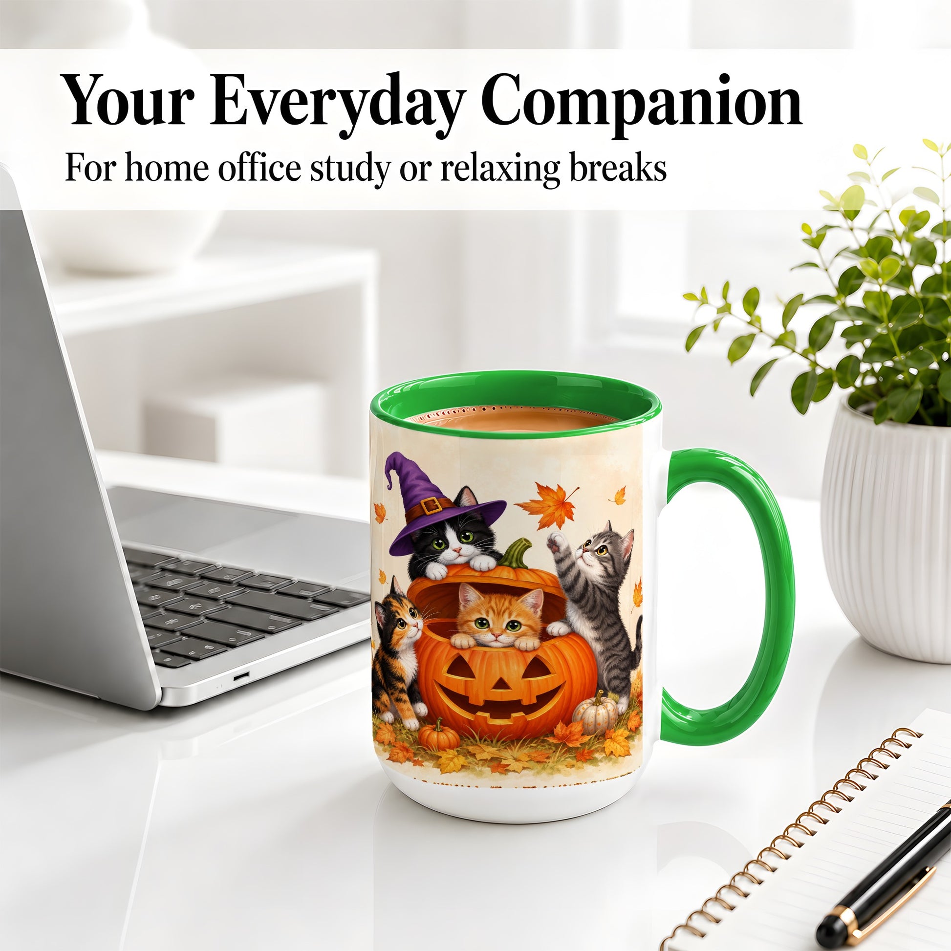 #pl[15oz|Green] Halloween Pumpkin Kittens Ceramic Mug, Cat Art for Cat Lovers