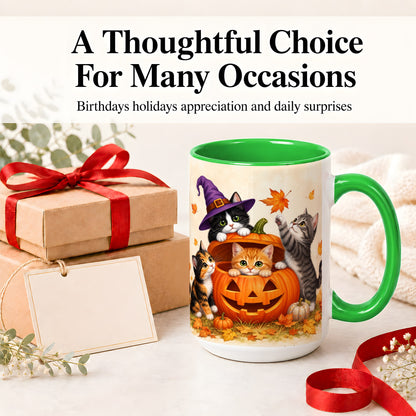 #pl[15oz|Green] Halloween Pumpkin Kittens Ceramic Mug, Cat Art for Cat Lovers