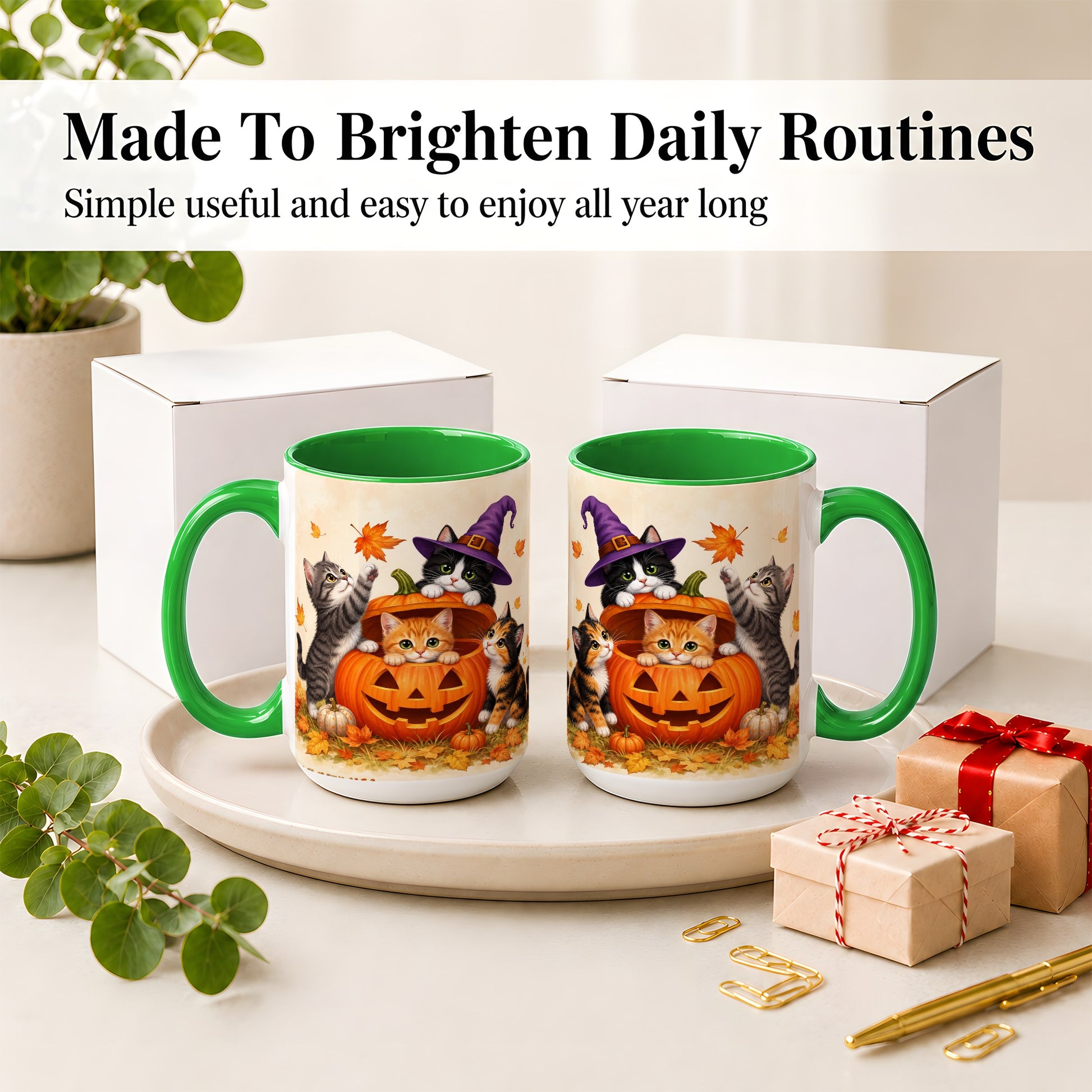 #pl[15oz|Green] Halloween Pumpkin Kittens Ceramic Mug, Cat Art for Cat Lovers