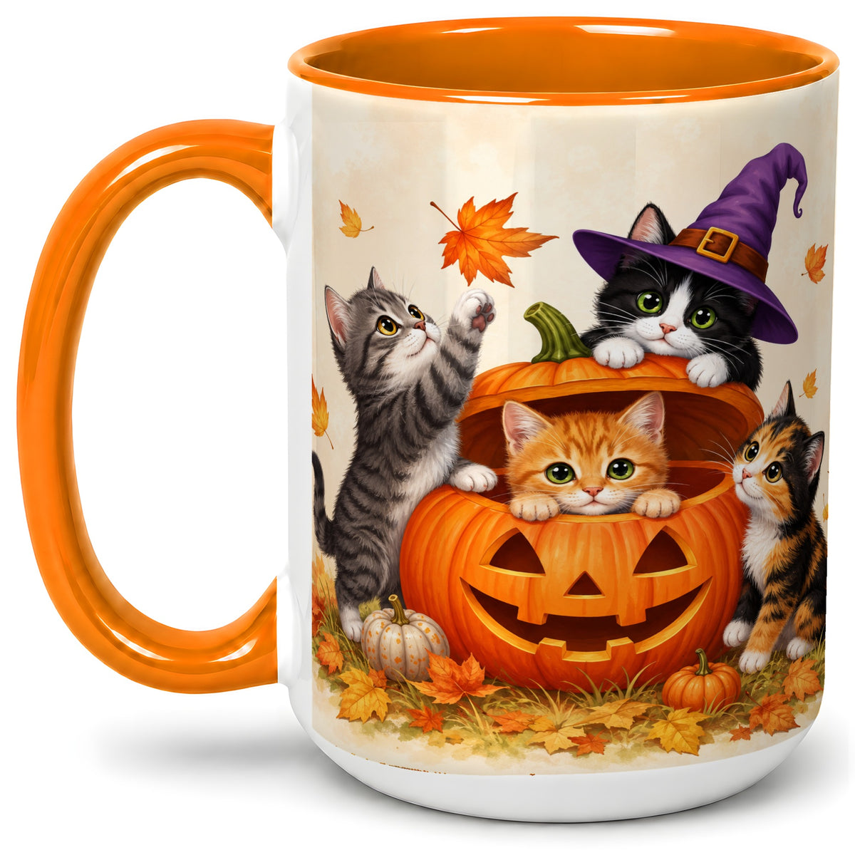 #pl[15oz|Orange] Halloween Pumpkin Kittens Ceramic Mug, Cat Art for Cat Lovers