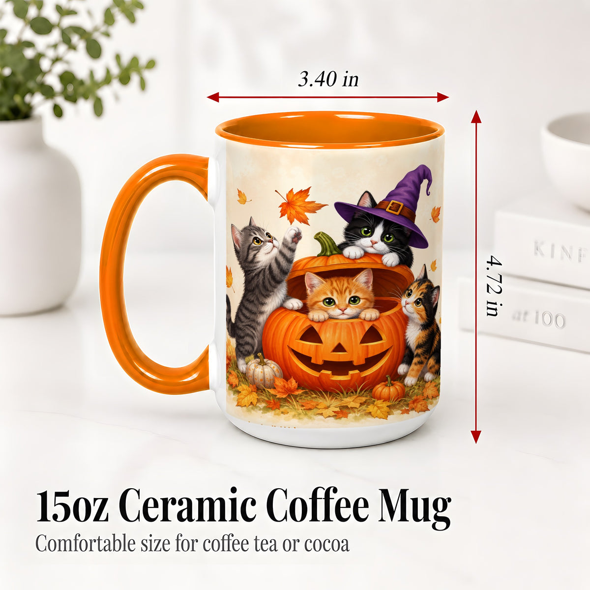 #pl[15oz|Orange] Halloween Pumpkin Kittens Ceramic Mug, Cat Art for Cat Lovers